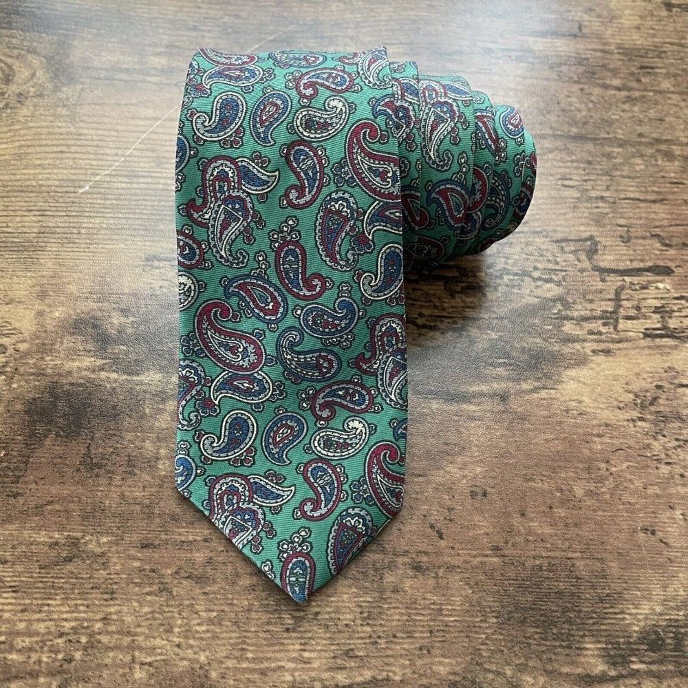 Vintage 80s Skinny Necktie Green Paisley Silk Carlo Colombo Tie Rack New Wave